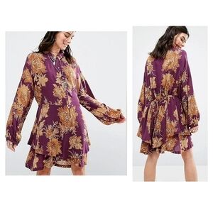 Free People Purple Brown Floral Dress Button Down Long Sleeve Pockets Boho XS